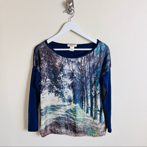 Arden B. Forest Scene Graphic Chiffon Knit Blue long Sleeve Blouse - Picture 2 of 7